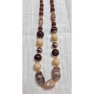 Vintage Long Beaded Necklace Brown & Cream Agate-Like Beads Glass Accents & Gold